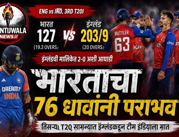 इंग्लंडकडून भारताचा 76 धावांनी पराभव; टी-20 मालिकेत 2-0 अशी आघाडी